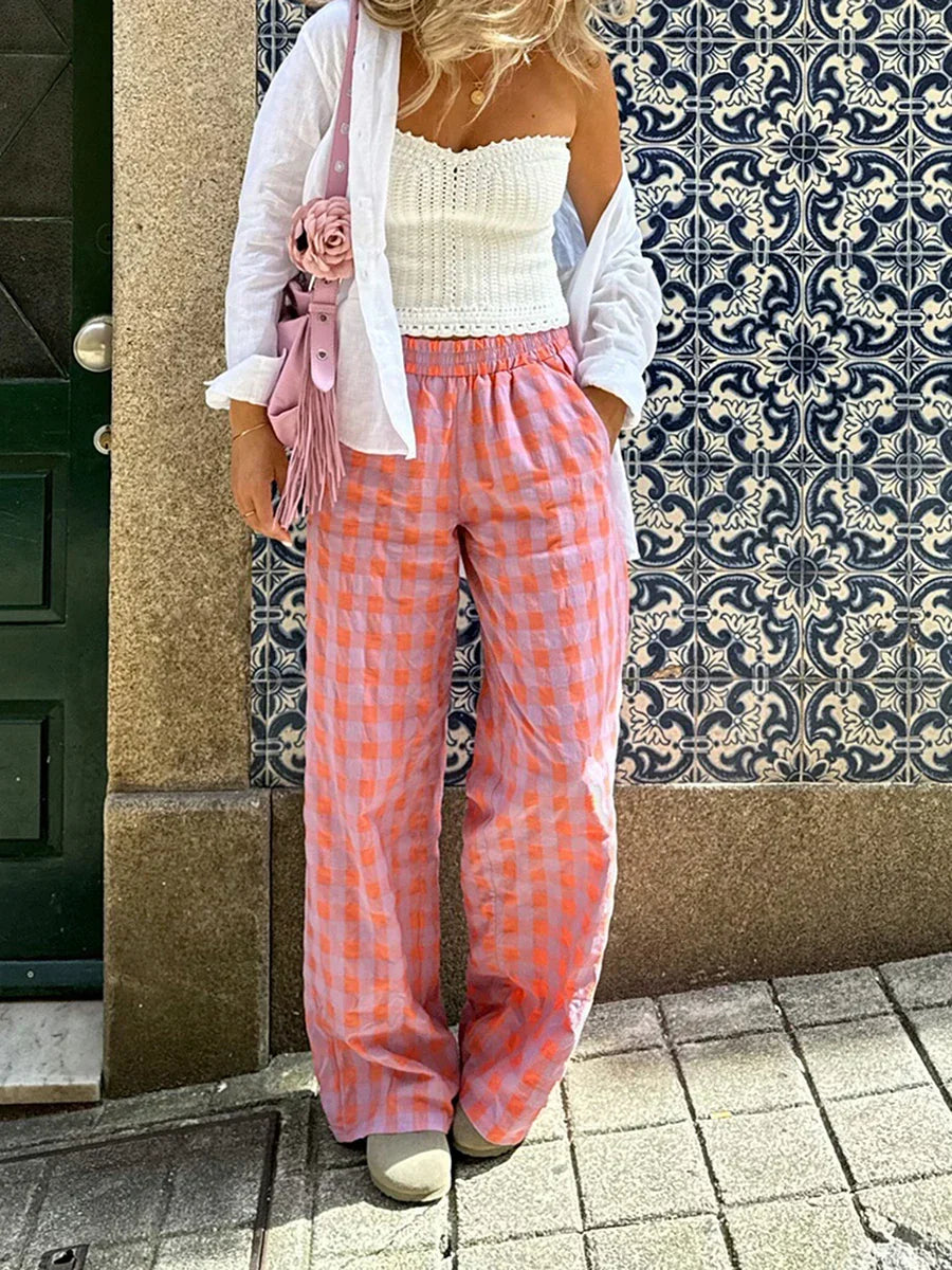 Plaid High-Waist Straight-Leg Trousers
