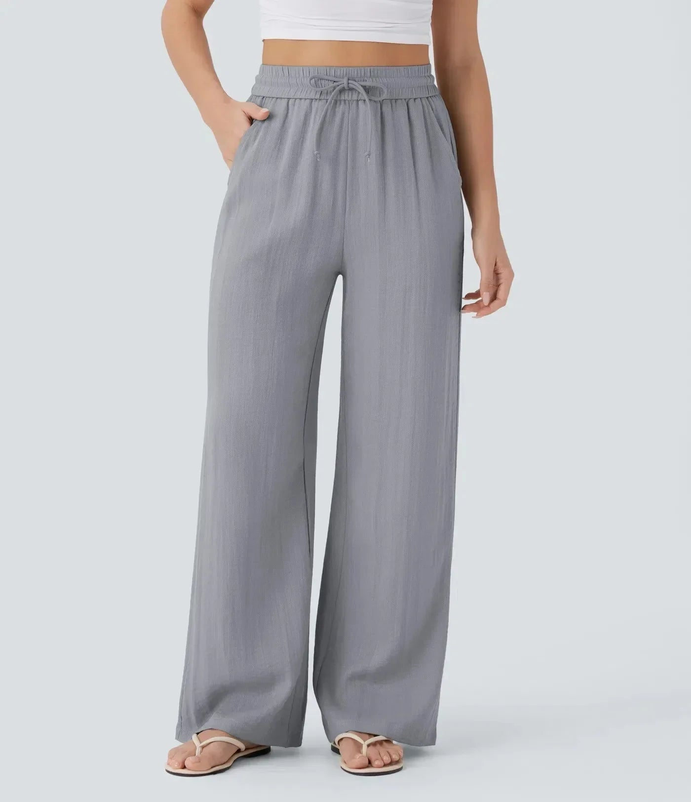 Linen Wide Leg Pants Elastic Waist And Adjustable Drawstring