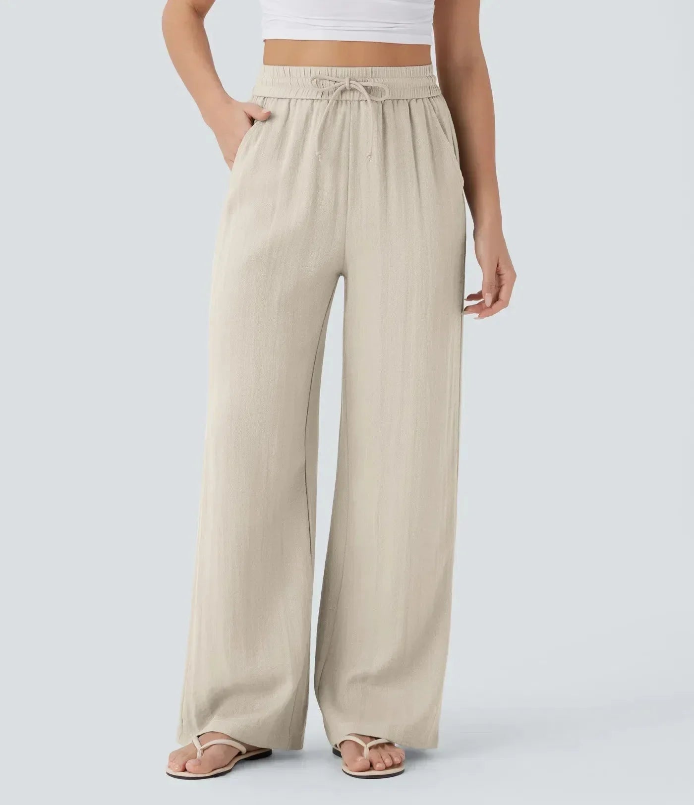 Linen Wide Leg Pants Elastic Waist And Adjustable Drawstring