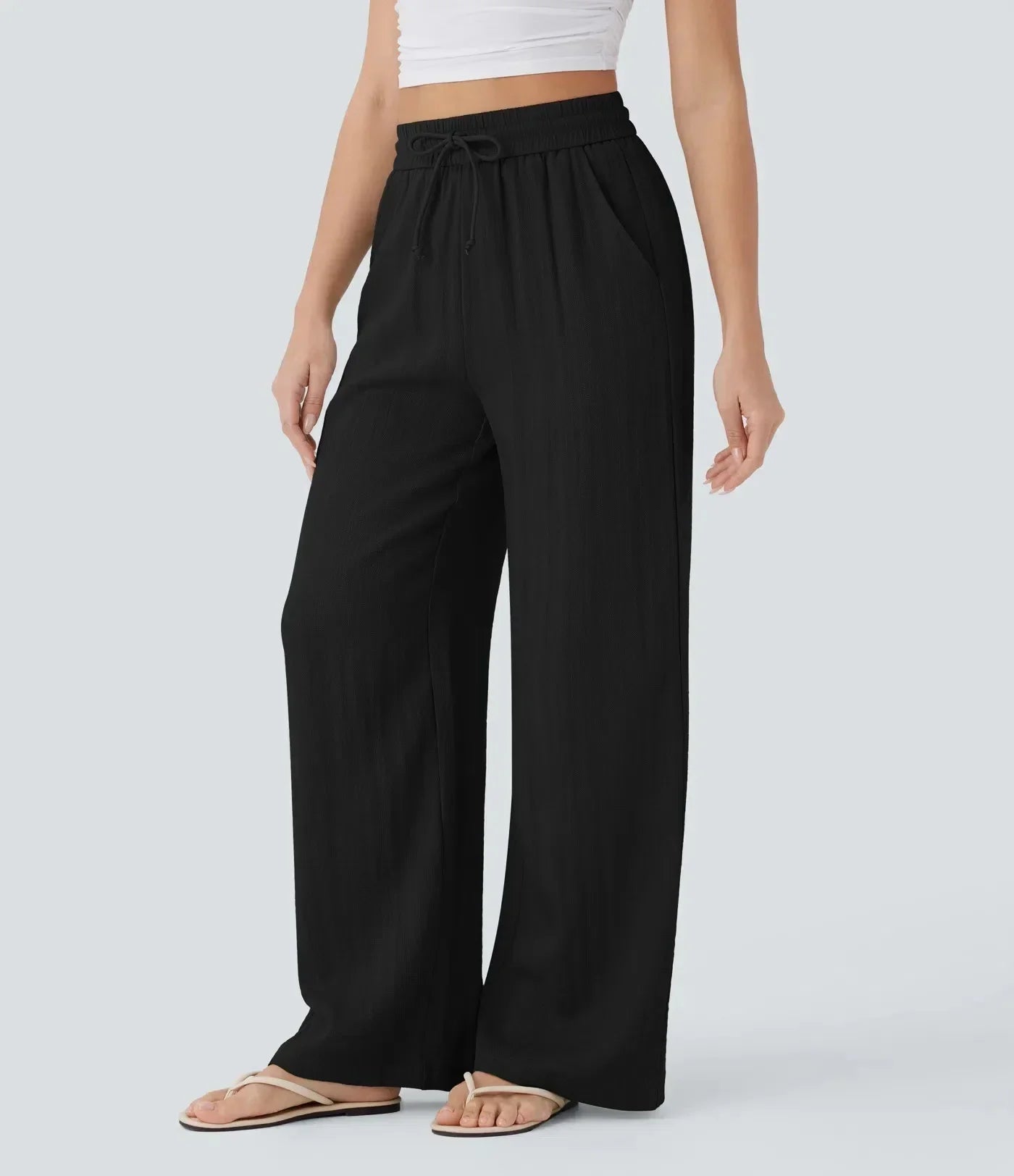 Linen Wide Leg Pants Elastic Waist And Adjustable Drawstring