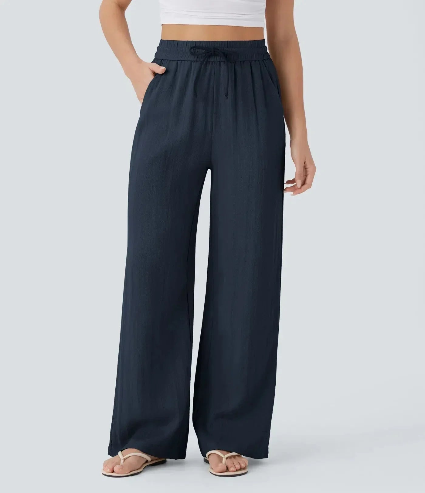 Linen Wide Leg Pants Elastic Waist And Adjustable Drawstring