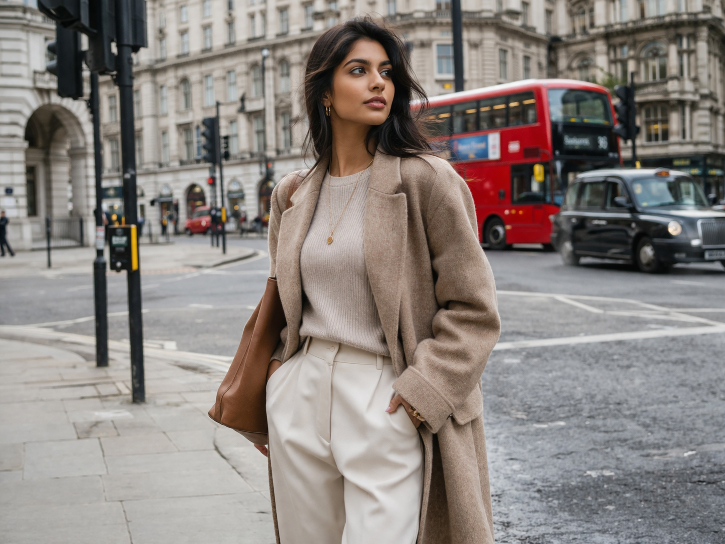 Woman in a beige coat and white pants standing on a city street with a red bus in the background.