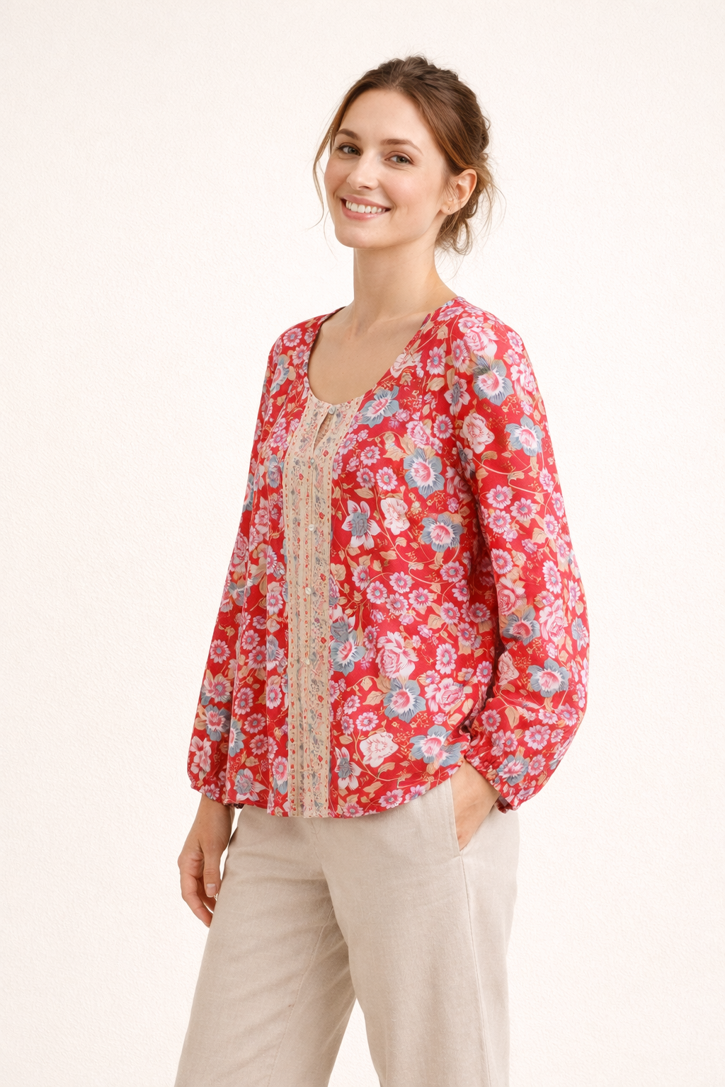 Long Sleeve Floral Print Blouse Lightweight Cool Fabric Loose Fit