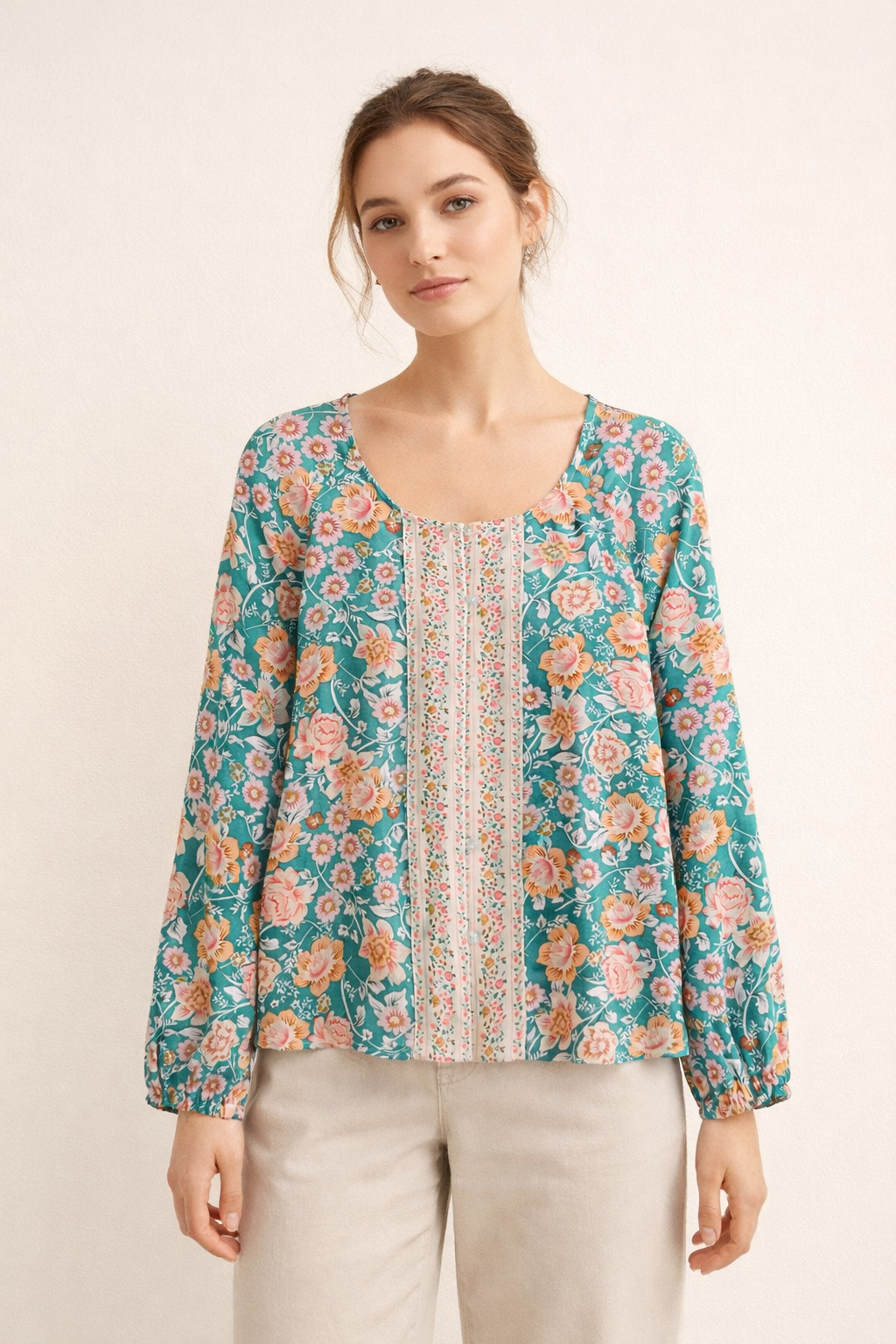 Long Sleeve Floral Print Blouse Lightweight Cool Fabric Loose Fit
