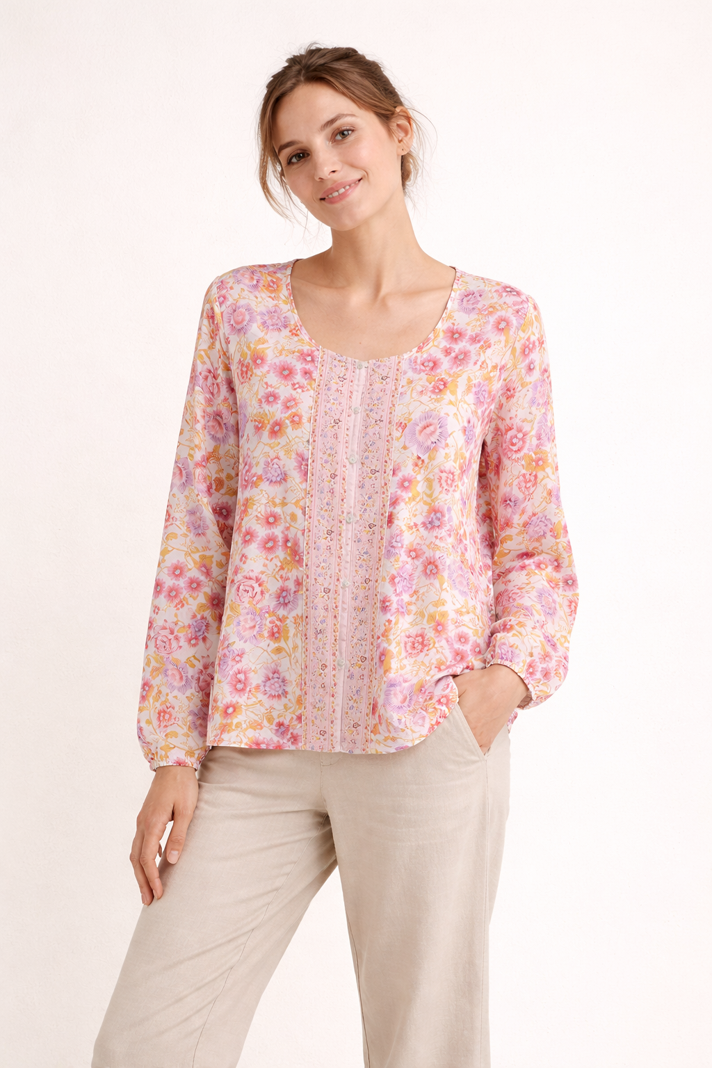 Long Sleeve Floral Print Blouse Lightweight Cool Fabric Loose Fit