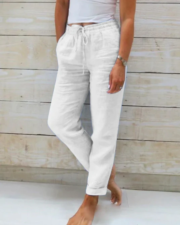 Linen Pants With Elastic Waistband And Drawstring Mid Rise Straight Fit