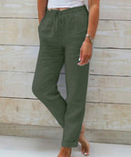Linen Pants With Elastic Waistband And Drawstring Mid Rise Straight Fit