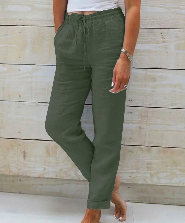 Linen Pants With Elastic Waistband And Drawstring Mid Rise Straight Fit