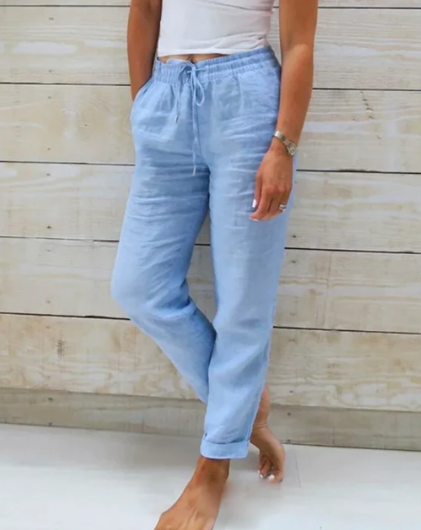 Linen Pants With Elastic Waistband And Drawstring Mid Rise Straight Fit