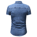 Blue Denim Shirt Short Sleeve Slim Fit With Button Front And Chest Pockets
