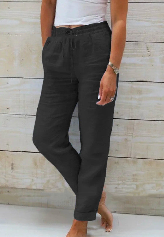 Linen Pants With Elastic Waistband And Drawstring Mid Rise Straight Fit