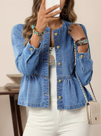 Jeans Jacket With Waist Ruffles, Casual Elegant Denim Outerwear For All Seasons